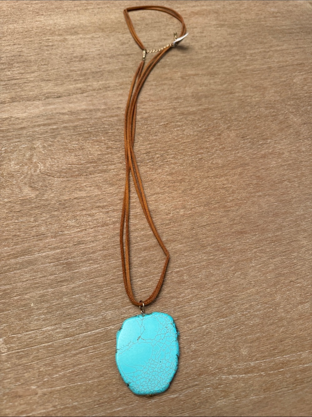 Turquoise Stone Pendant Necklace on Brown Suede Cord
